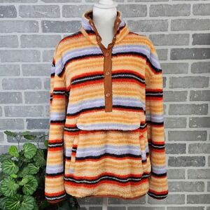 Cozy‎ Sherpa Striped Pullover Quarter Snap Pockets Orange Purple Women's Large